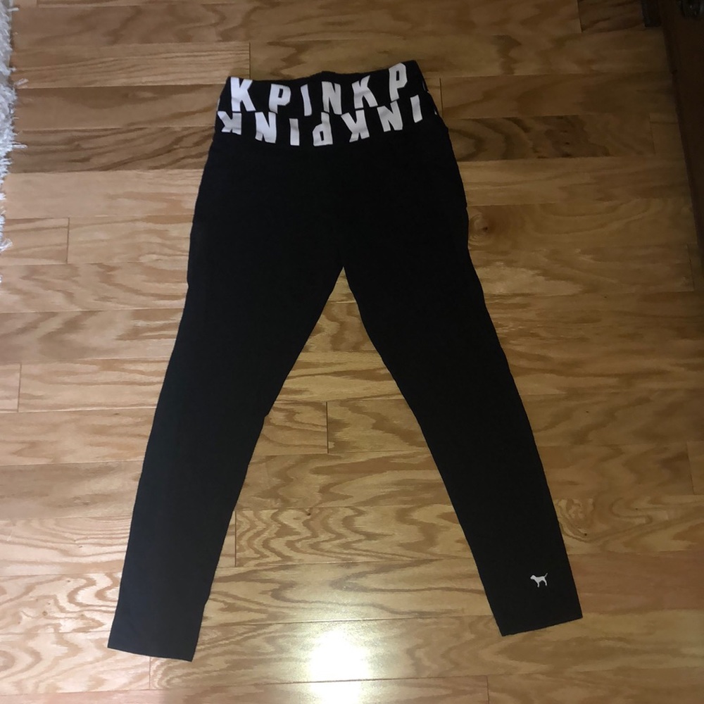 Pink leggings. Mesh triangle down sides.